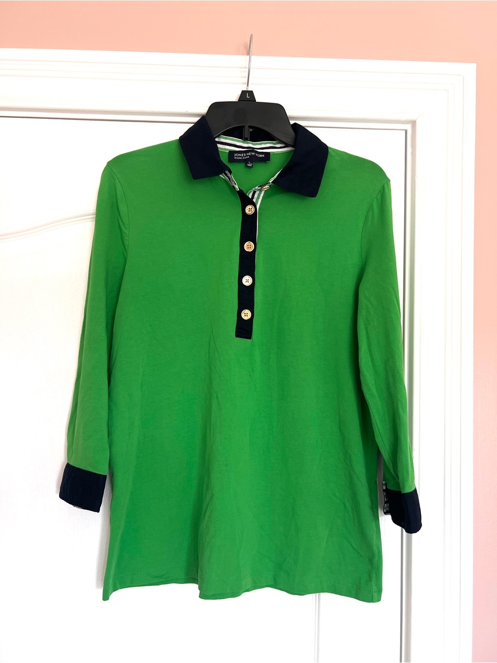 Jones New York Green Polo Top with Navy Trim